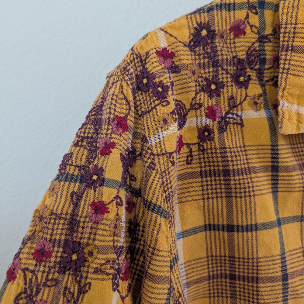 Terra & Sky Womens 1X Plaid Button Up Shirt Mustard Floral Embroidered Cotton‎ - Picture 2 of 4